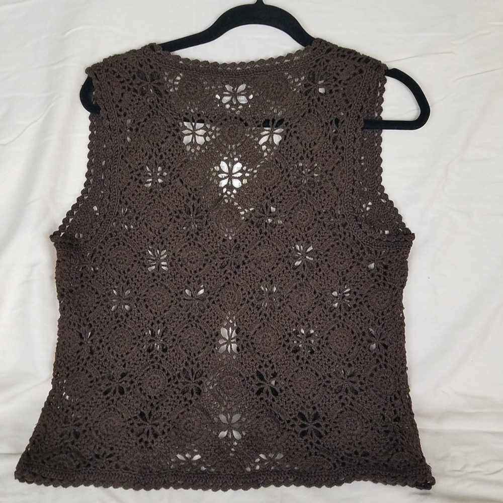 Christopher & Banks Crochet Vest Womens S Brown NWT Floral Ramie Cotton Boho - Picture 2 of 7